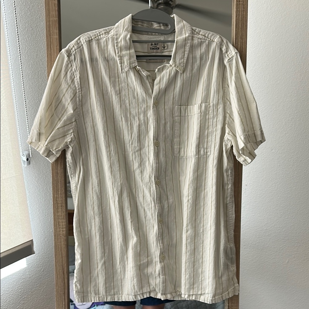 Cream Casual Button Down Shirt with Vertical Stripes